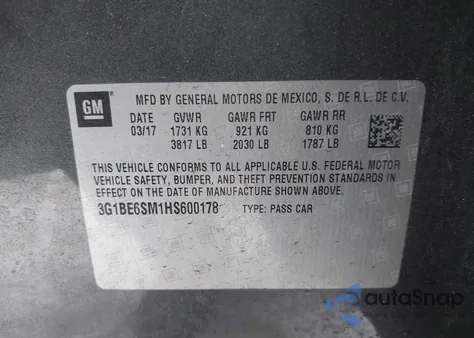 2017 Chevrolet Cruze Lt Auto z USA, uszkodzony, nr VIN 3G1BE6SM1HS600178